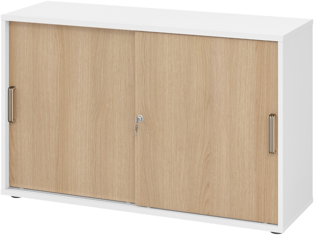 bümö Schiebetürenschrank 2OH - Aktenschrank abschließbar, Sideboard Schrank mit Schiebetüren in Weiß/Eiche, Streifengriff - Büroschrank aus Holz mit Schiebetür, Büro Kommode für Ordner & Co, 1752S-W-E-SG Bild 1