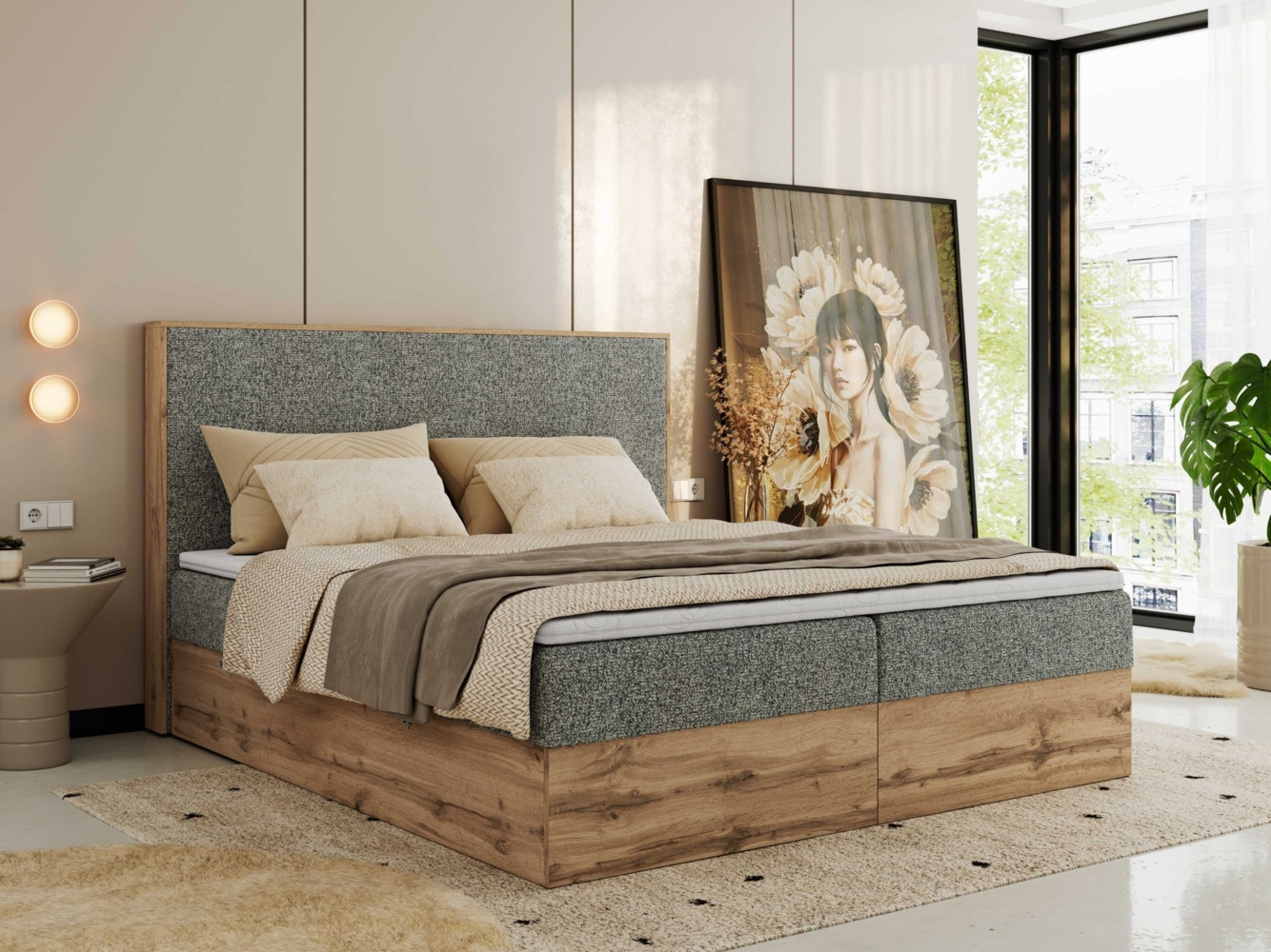 Doppelbett, Boxspringbett mit Bettkästen, Multipocket-Matratze und Topper, Set mit Kopfteil, Eiche Wotan Holzrahmen - WOOD CLASSIC - 180 x 200 cm - Grau Struktur - H3 Bild 1