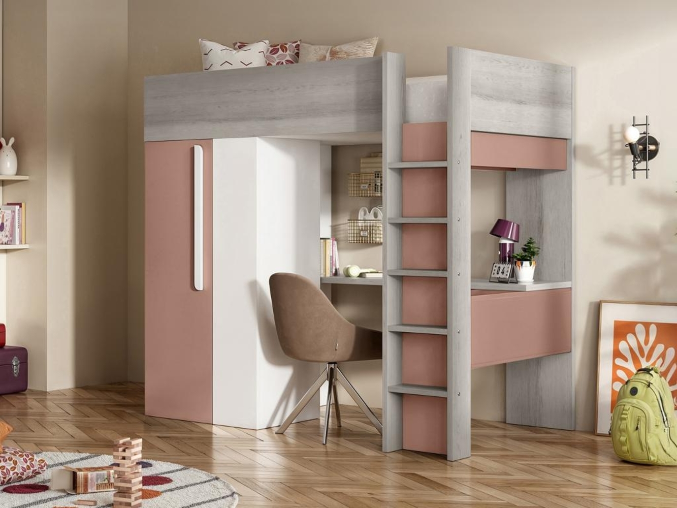 Vente-unique - Hochbett mit Schreibtisch & Kleiderschrank + Matratze - 90 x 200 cm - Rosa & Weiß - NICOLAS Bild 1