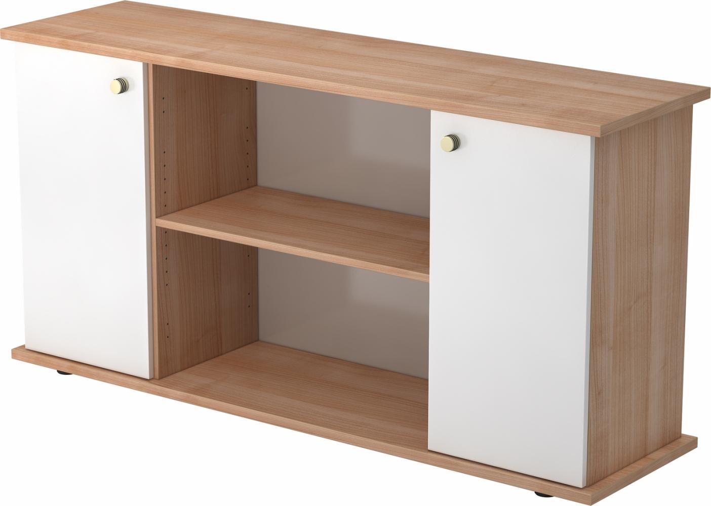 bümö Sideboard Nussbaum/Weiß mit Flügeltüren & Regal - Büromöbel Sideboard Holz 166cm breit, 45cm schmal, Büro Schrank für Flur oder als Wohnzimmer-Kommode mit Streifengriff, SB2T-N-W-SG Bild 1