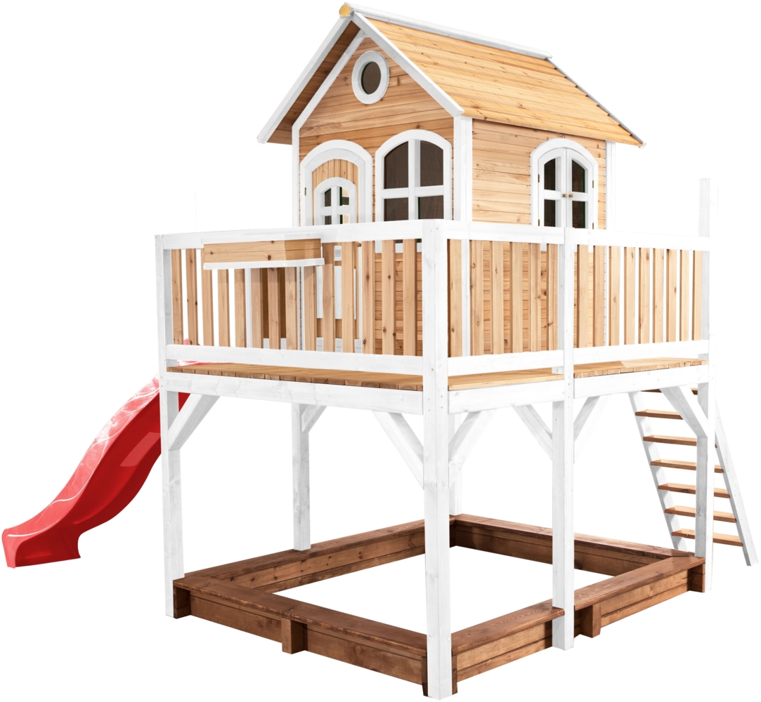 AXI Spielhaus Liam mit Sandkasten & roter Rutsche Stelzenhaus XXL in Braun & Weiß aus FSC Holz für Kinder | Braun, weiß, Rot | Holz | 255 cm Bild 1