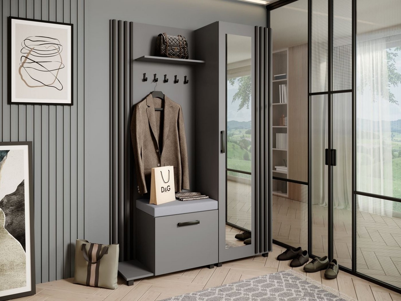 Beautysofa Garderobenschrank Garderoben-Set mit Aufhängern und Spiegel LIVIA (Geräumiger Schuhschrank) mit praktischer Kleiderstange Bild 1