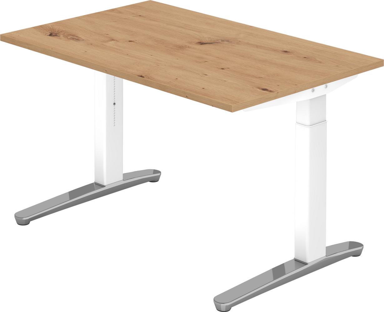 bümö® Design Schreibtisch XB-Serie höhenverstellbar, Tischplatte 120 x 80 cm in Asteiche, Gestell in weiß/alu poliert Bild 1