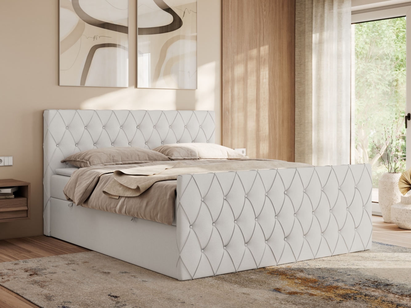 Boxspringbett mit gesteppter Front und Kopfteil, Multipocket-Matratze, zwei Bettkästen - MIREN DUO - 200 x 200 cm - Weiß Kunstleder - H3 Bild 1