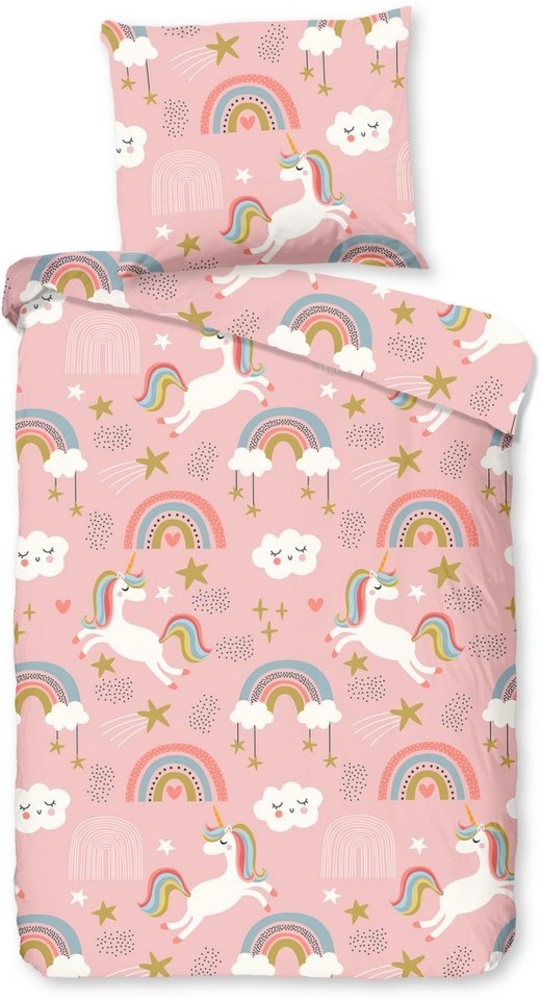 good morning Babybettwäsche, Renforcé, 2 teilig, Baumwolle, Renforcé, Baby, Kind, Mädchen, Einhorn, Regenbogen, Rosa Bild 1