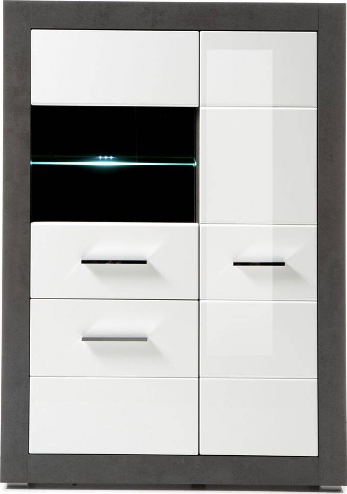 Vitrinen-Highboard in Hochglanz weiß mit Betonoptik dunkel ETON-61 mit LED B/H/T: 100/142/35cm Bild 1