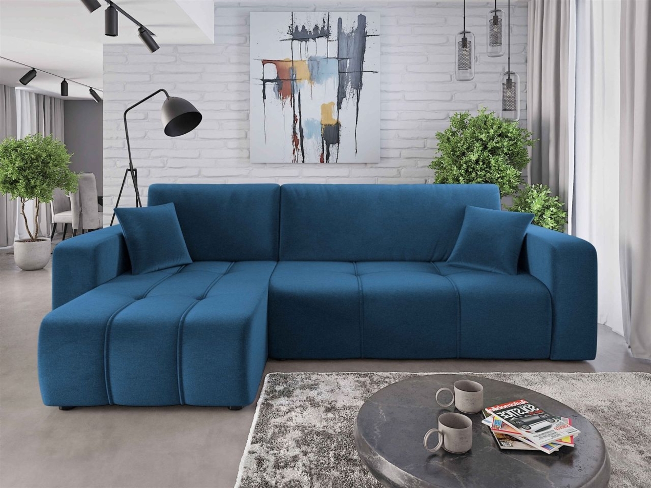 Ecksofa mit Schlaffunktion Sofa DAGNY in Stoff Kronos Blau Ottomane Links Bild 1