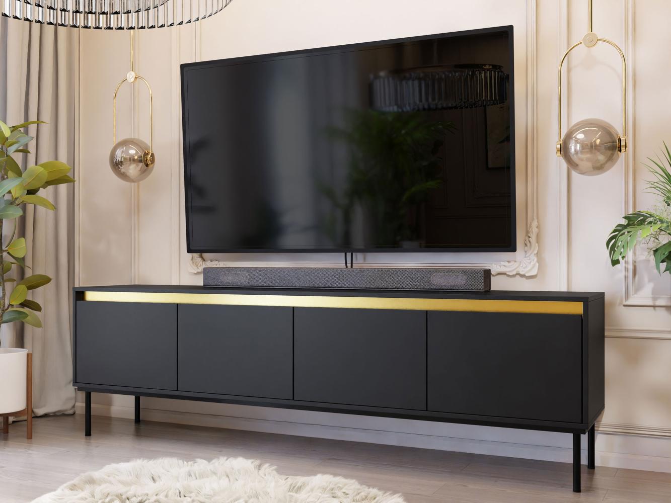 TV-Lowboard Carmesi 4D mit 4 Klappen, Untergestell aus Metall (Farbe: Schwarz / Schwarz + Gold) Bild 1