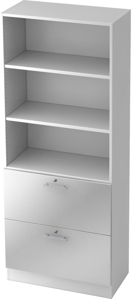 bümö office Aktenschrank mit Hängeregister-Schubladen abschließbar, Büroschrank Holz, 80cm breit in Weiß/Silber - Hängeregistratur für Hängeordner, Büro Schrank mit Relinggriffen, 7300-W-S-RE Bild 1