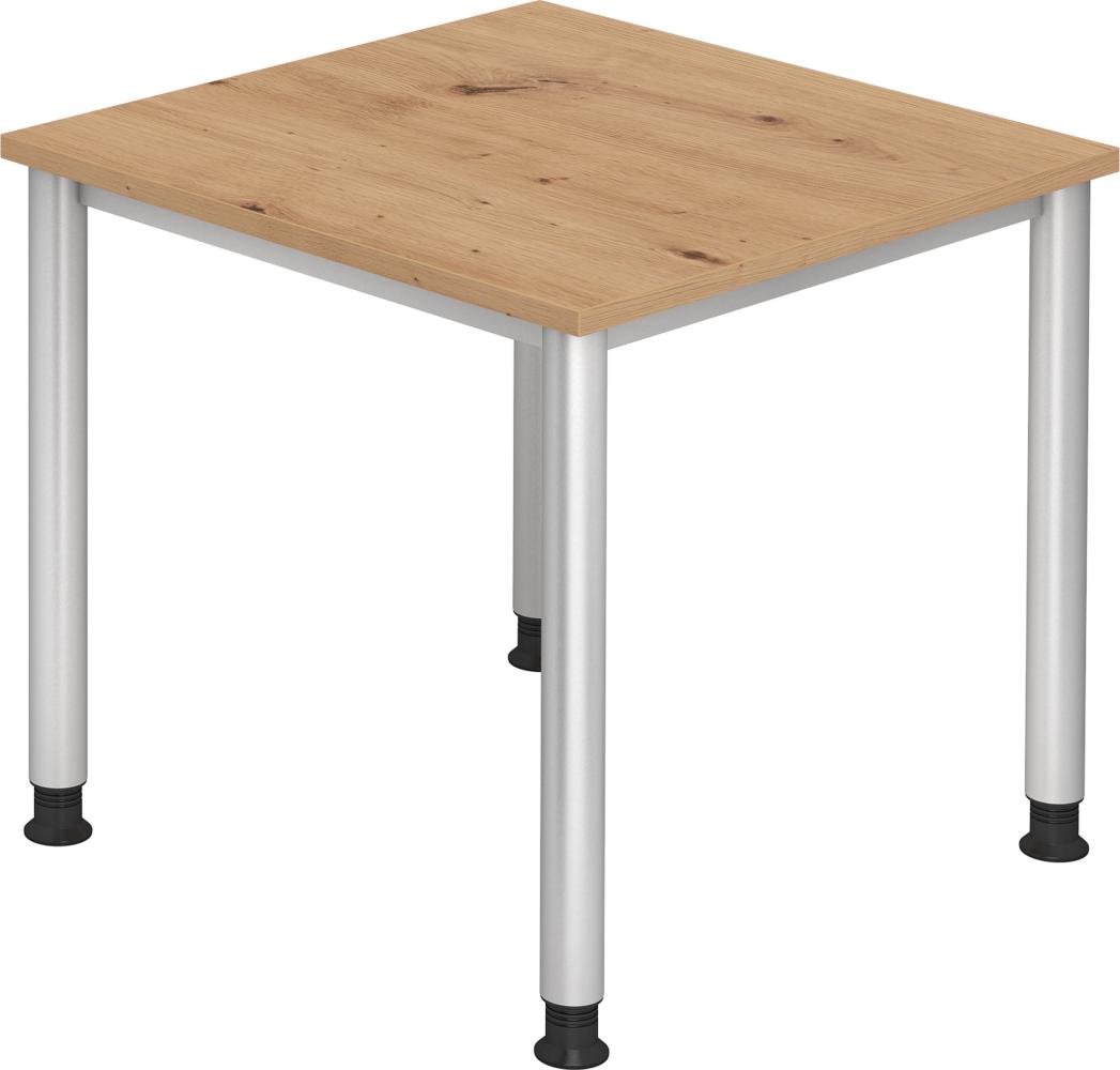 bümö® Schreibtisch H-Serie höhenverstellbar, Tischplatte 80 x 80 cm in Asteiche, Gestell in silber Bild 1