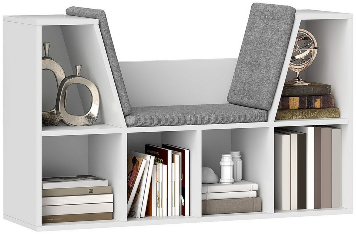 HOMCOM Bücherregal Kleiner Bücherschrank mit Sitzkissen, 6 Fächern, Leinenoptik, Aufbewahrungsregal 1-tlg, für Wohnzimmer, Schlafzimmer, 105 x 30 x 63 cm, Weiß Bild 1