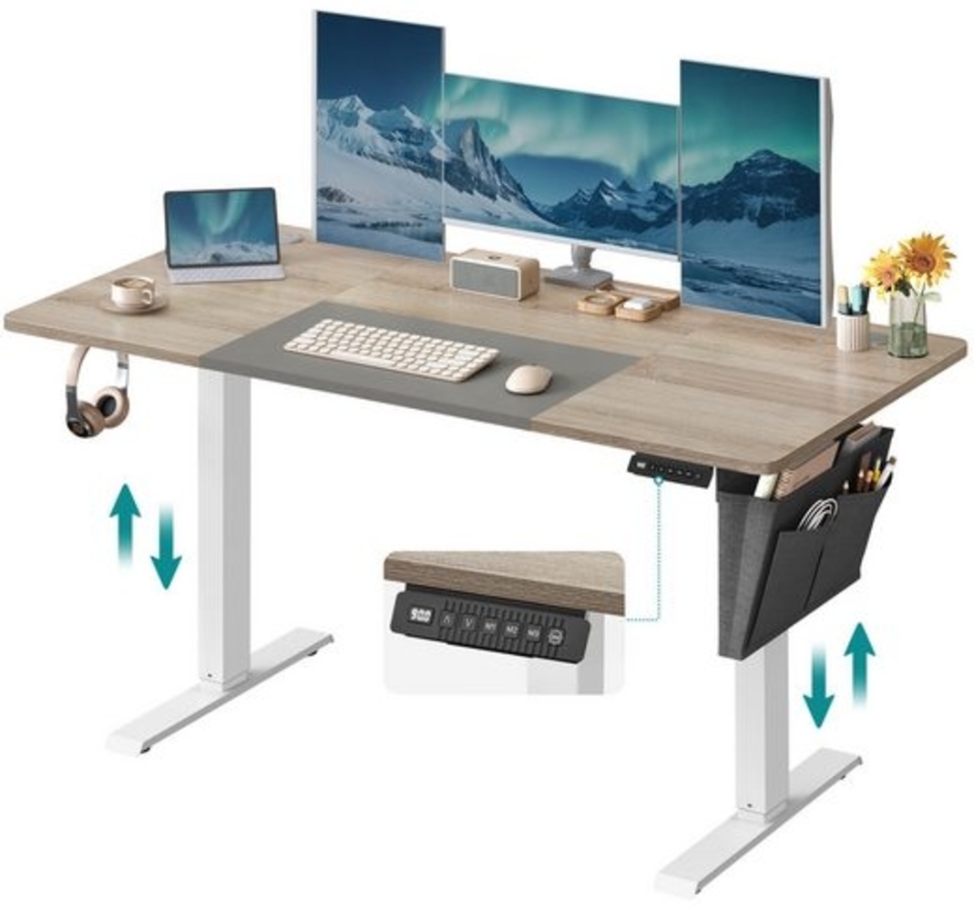 Songmics elektrisch höhenverstellbarer Schreibtisch, stufenlos verstellbar, gespleißte Platte, Memory-Funktion, weiß-greige, 60x140 x (72-120) cm Bild 1