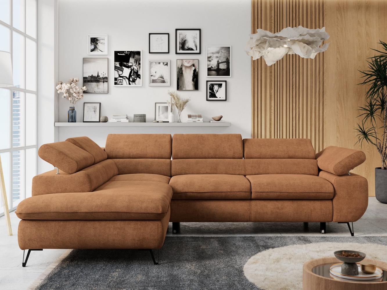 Mks Möbel 'Peter L-form' Ecksofa mit Bettfunktion, Bettkasten & einstellbaren Kopfstützen, Orange, Stoff, mit Topper, links Bild 1