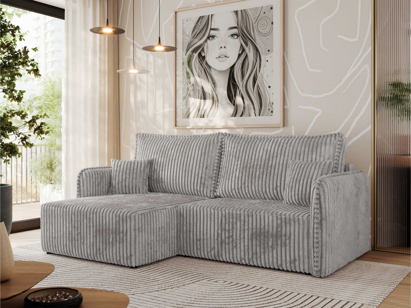 L-förmiges Ecksofa mit Armlehnen, für das Wohnzimmer, Schlaffunktion und Bettkästen, Wellenfeder am Sitz, losen Kissen - MESTO - Grau Cord - linke Seite Bild 1