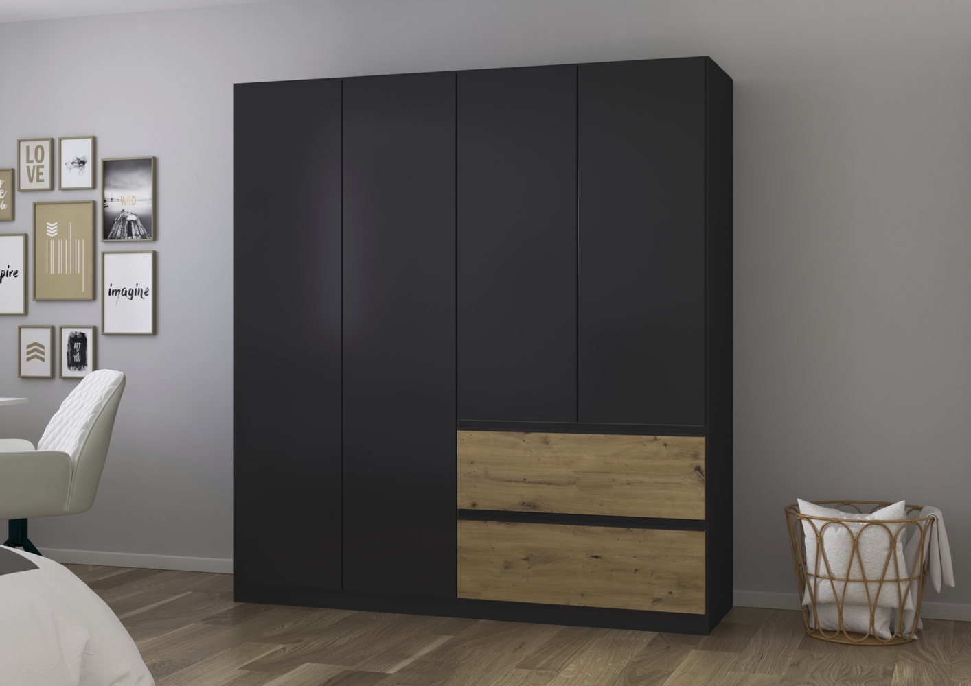 rauch Joel-Extra, Kleiderschrank, 4-türig, push-to-open, mit 2 Kleiderstangen und 2 Einlegeböden, Farbe Grau metallic/Eiche Artisan, BxHxT 181x197x54cm Bild 1