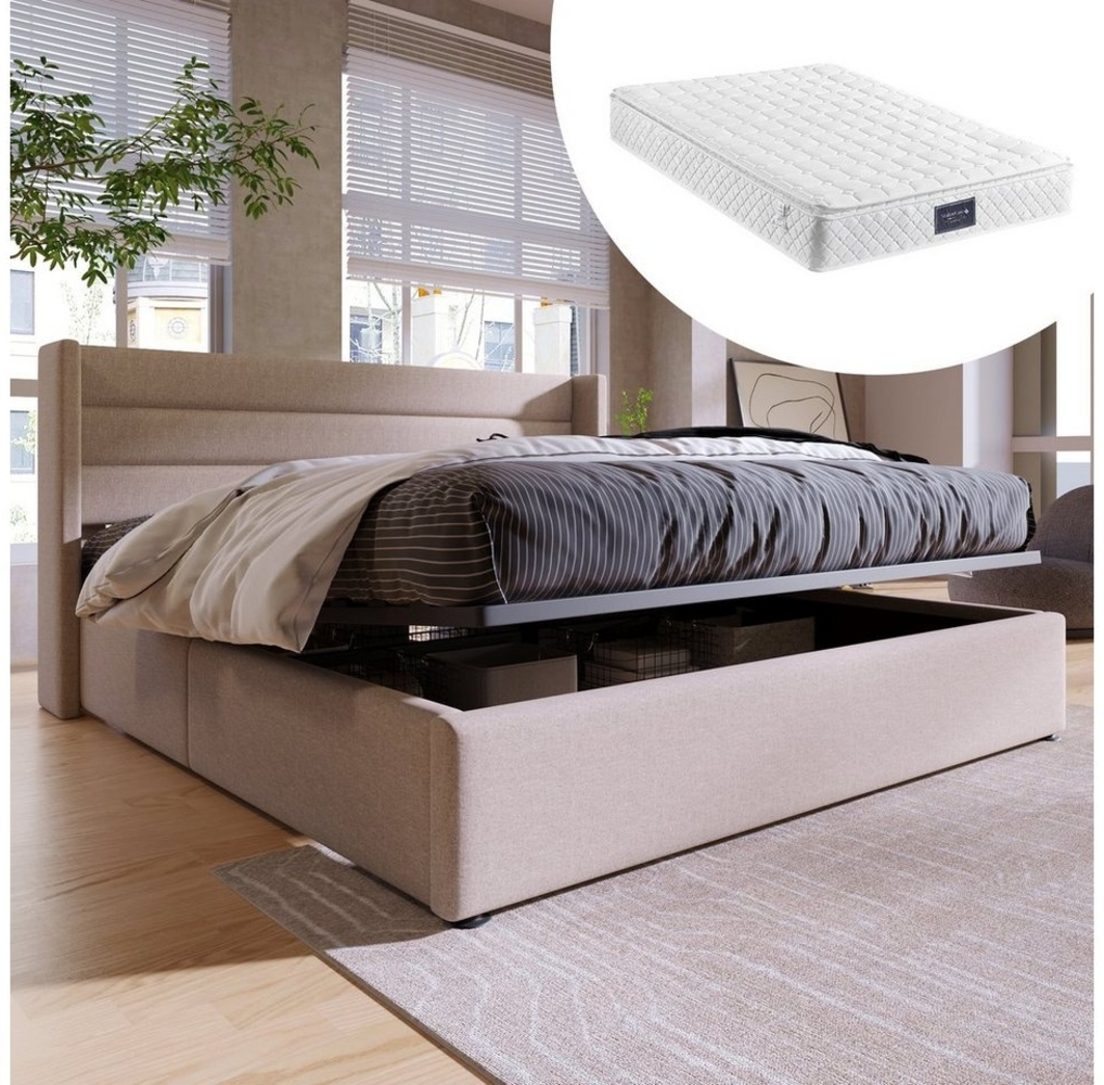 Odikalo Stauraumbett Polster Doppelbett 140/160/180 Lattenrost mit/ohne Matratze Beige/Grau Bild 1