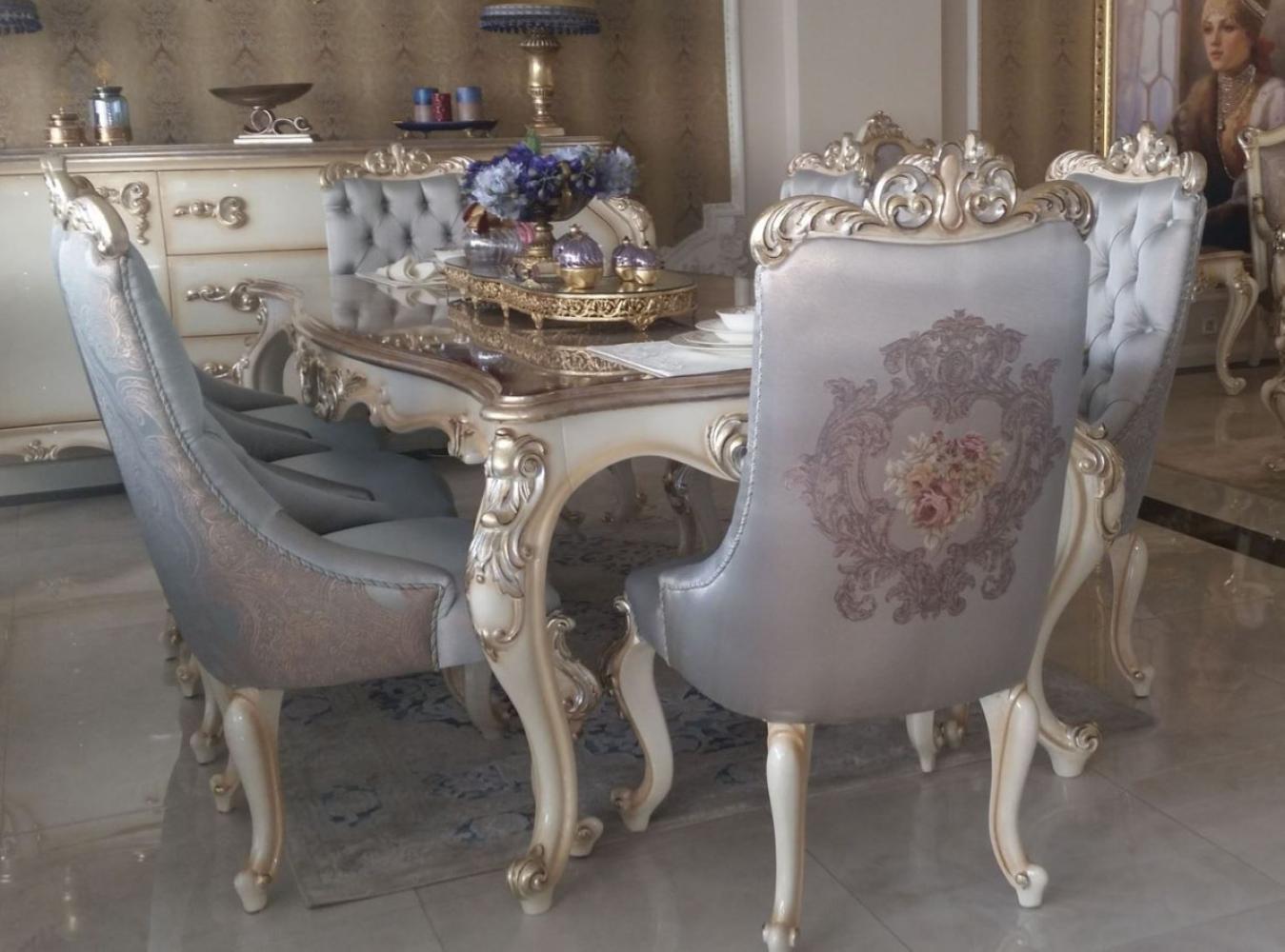 Casa Padrino Luxus Barock Esszimmer Set Silber / Creme / Gold - 1 Esstisch & 6 Esszimmerstühle - Handgefertigte Esszimmermöbel im Barockstil - Edel & Prunkvoll Bild 1