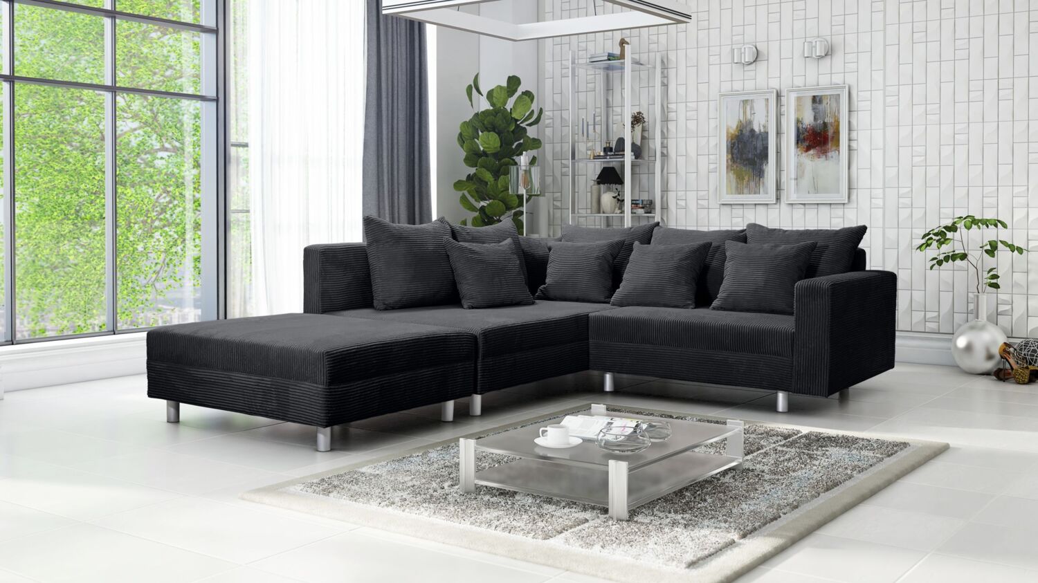 Wohnlandschaft Sofa Couch Ecksofa Eckcouch Cordstoff Graphite + Hocker Minsk L Bild 1