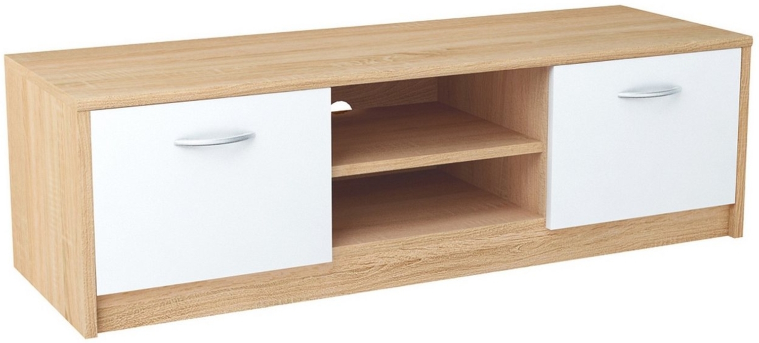 Home Collective TV-Schrank 120cm breit Lowboard mit matter Oberfläche Fernsehtisch (abgerundete Kante und Metall-Rollschienen Fernsehkommode) mit 2 Türen und 1 Regal, aus laminiertem Board sonoma weiß Bild 1