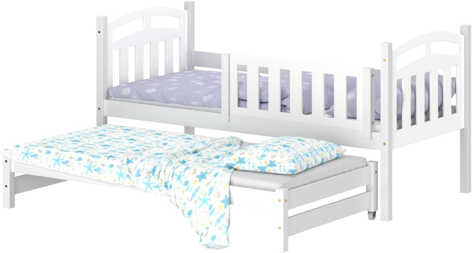 WNM Group Kinderbett Ausziehbar Suzie - aus Massivholz - Ausziehbett fr Mdchen und Jungen - Hohe Qualitt Bett mit Rausfallschutz fr Kinder Wei - 200x90 / 190x90 cm Bild 1