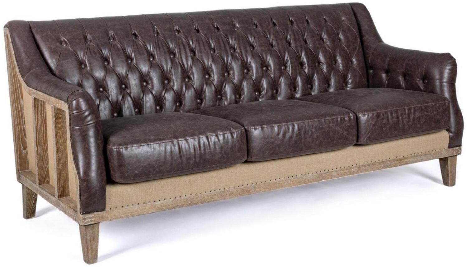 Casa Padrino Luxus Chesterfield Kunstleder Sofa Dunkelbraun / Naturfarben 194,5 x 85 x H. 85 cm - Wohnzimmer Sofa - Wohnzimmer Möbel - Chesterfield Möbel - Luxus Möbel - Luxus Einrichtung Bild 1