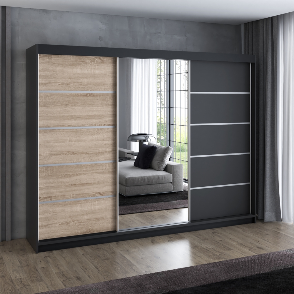 Schwebetürenschrank, 3-türig Schrank 200 cm mit 4 Schubladen, und Spiegel Kleiderschrank VILANO 1. Farbe: Schwarz, sonoma Bild 1