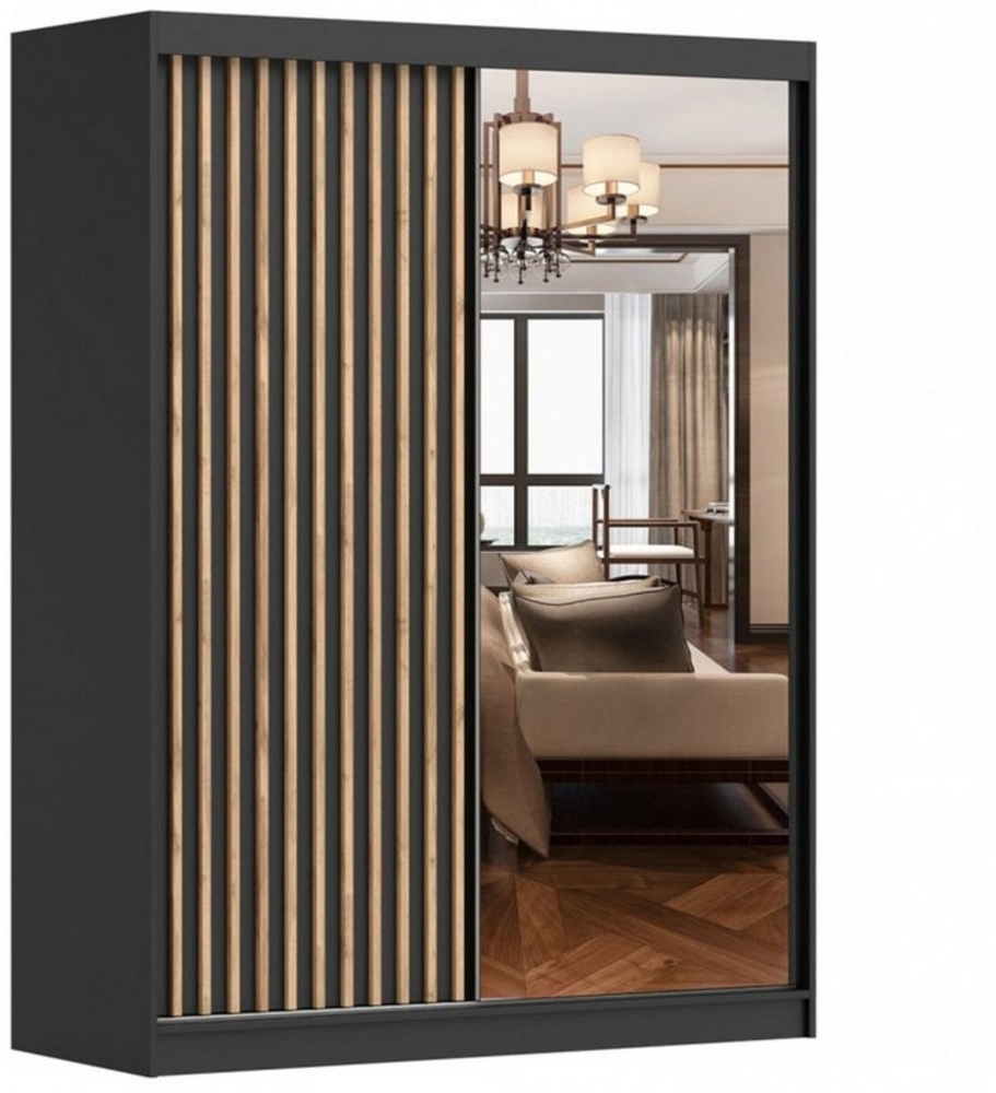 MOEBLO Kleiderschrank LABI (Schiebetür-Kleiderschrank mit Spiegel & Holzdekor, Schwebetürenschrank 2-türig Schrank mit Einlegeböden und Kleiderstange) -(BxHxT): 150x200x61 cm Bild 1