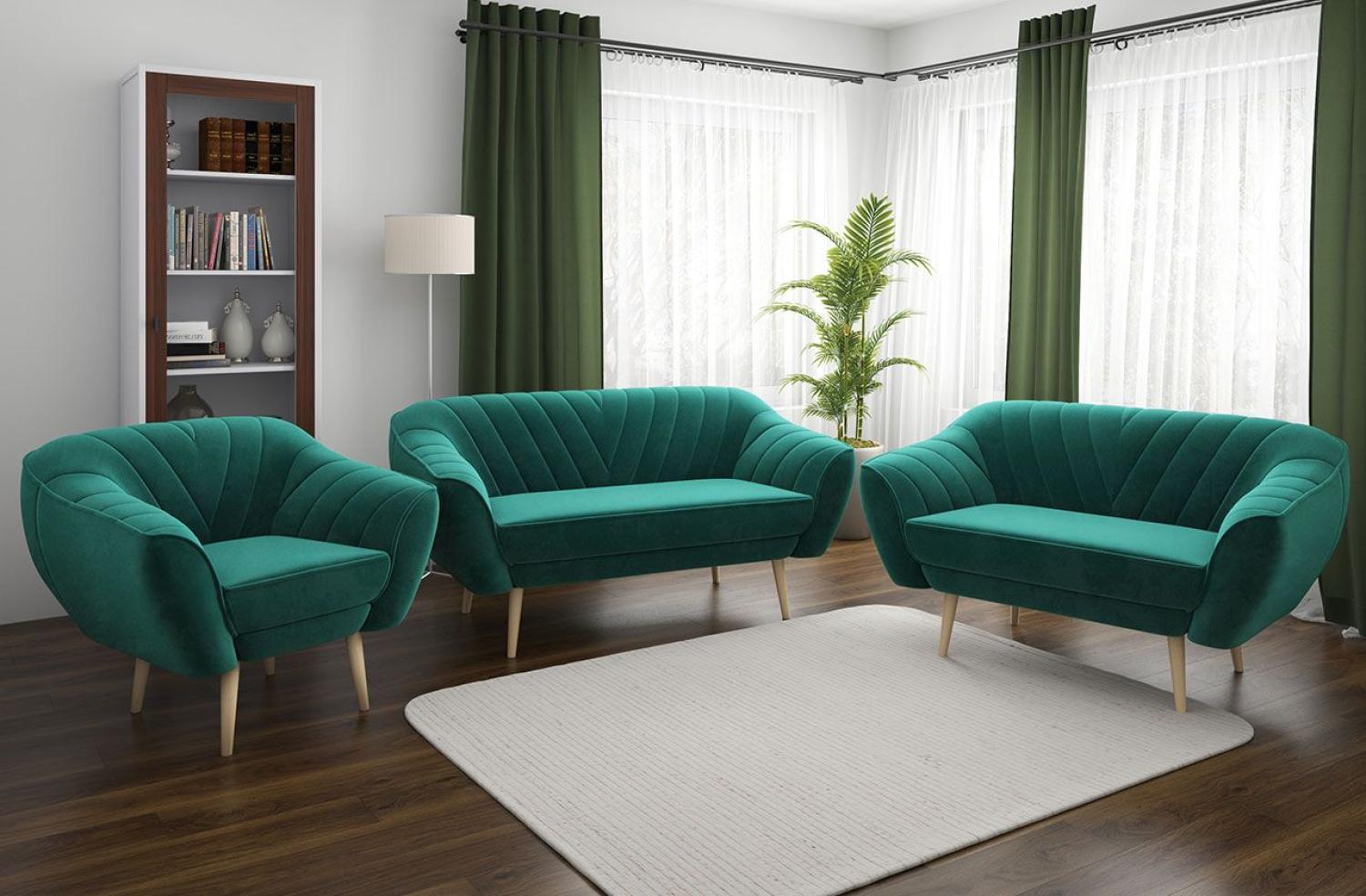 Couchgarnitur zum Wohnzimmer, Sofa-Set - Sofa MIA - 3 2 1 - Dunkelgrün Velours Bild 1