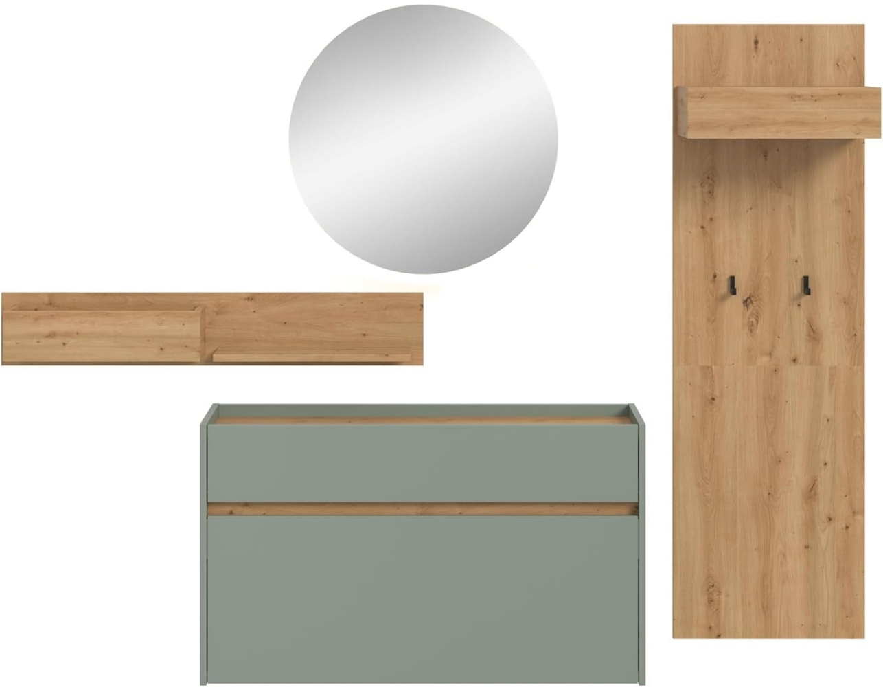 xonox. home – 4 teilige Garderobenkombination Drive 205 x 197 x 32 cm in Salbei und Artisan Oak Nachbildung – Set mit Spiegel, Paneel & Schuhkommode – Moderne Garderobe für Diele & Eingangsbereich Bild 1