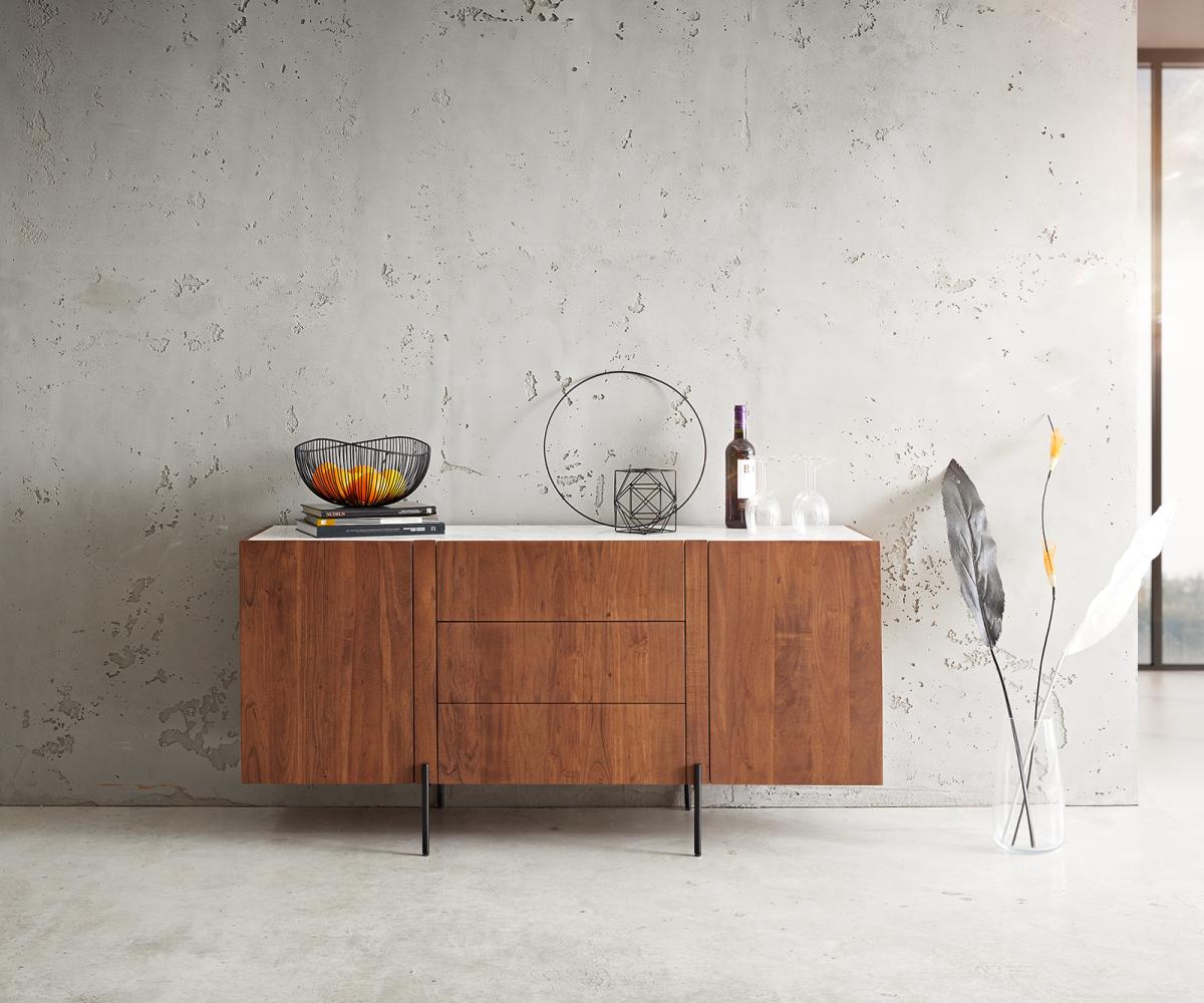 Sideboard Secara 145 cm Akazie Braun 2 Türen 3 Schübe Marmor Füße Schwarz Bild 1