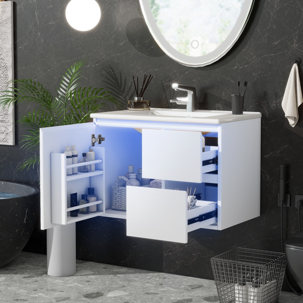 Merax wandhängend Badezimmerschränk, integriertes Waschbecken, Volllackierung, LED-Radarsensor-Beleuchtung, Waschtisch, mit 2 Schubladen, leise Gleitschienen, weiß Bild 1