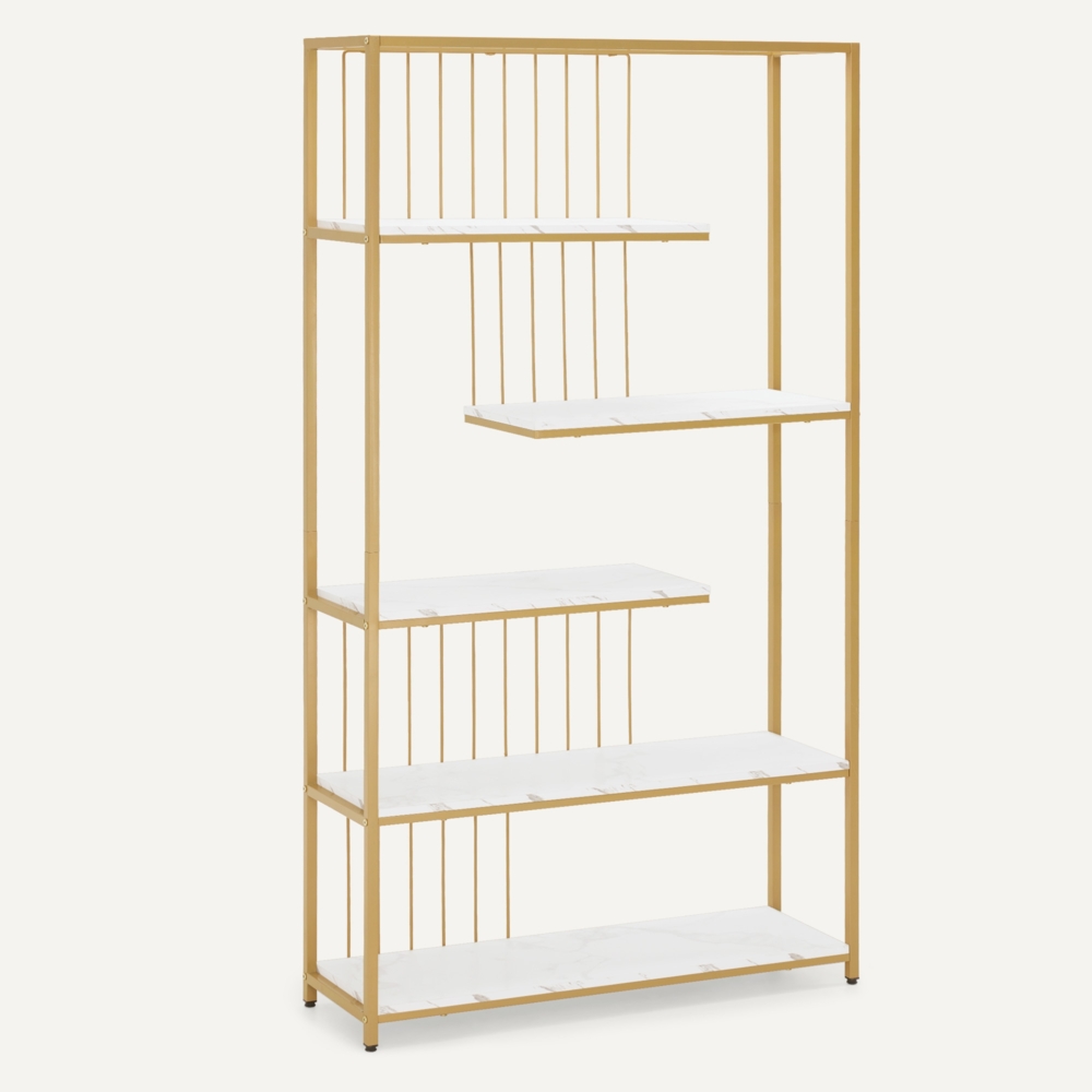 BarberPub Bücherregal, Standregal mit 5 Ebenen, Büroregal mit Metallrahmen, Regal für Büro, Wohnzimmer, Schlafzimmer, Küche, Nagelstudio, Marmor-Weiß Gold, 30x100x180cm, 5177 Bild 1