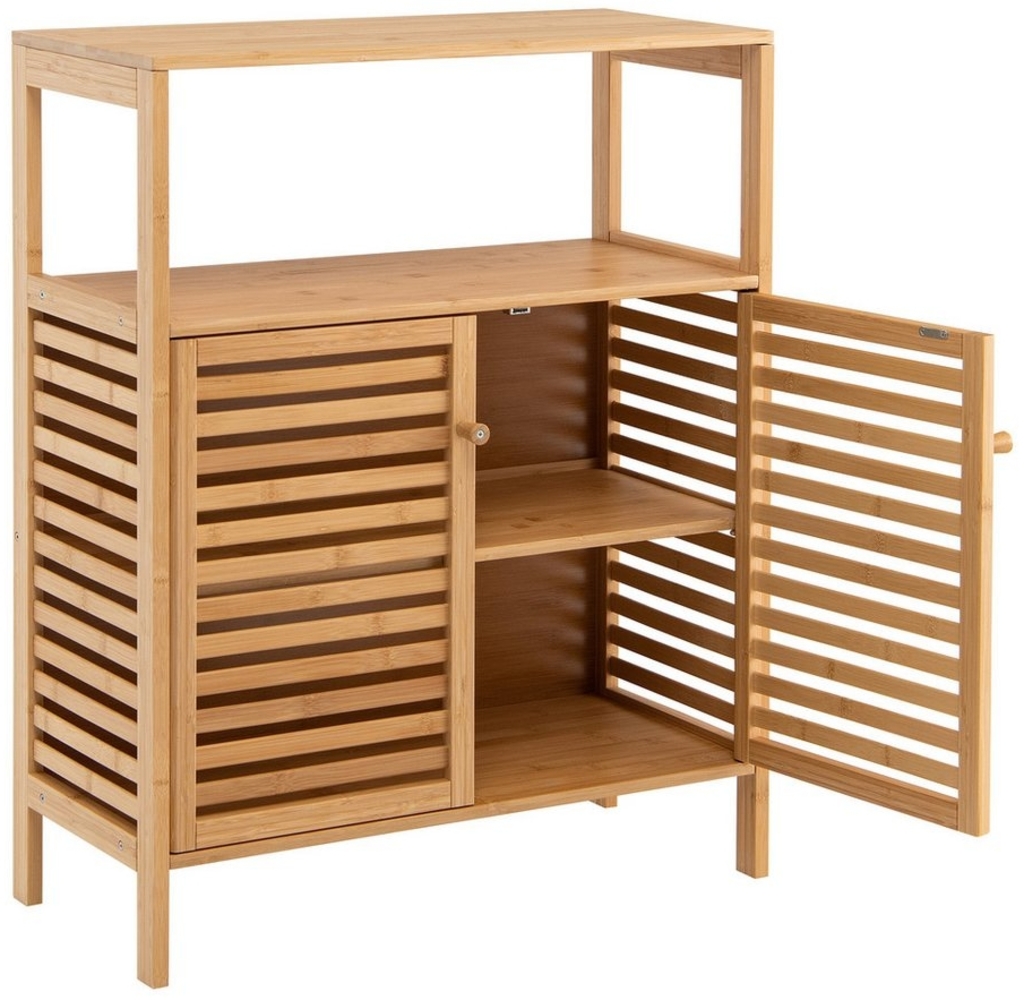 COSTWAY Badezimmerschrank Bambus, Badschrank mit 2 Lamellentüren, Schrank multifunktional für Badezimmer, Wohnzimmer, Küche, Flur, 64 x 27,5 x 80 cm Bild 1