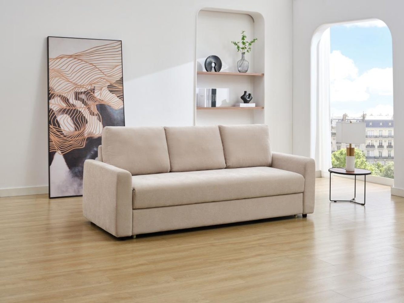 Vente-unique - Sofa mit Schlaffunktion 3-Sitzer - Sitzfläche mit Memory Schaum - Stoff - Beige - ARCATA Bild 1