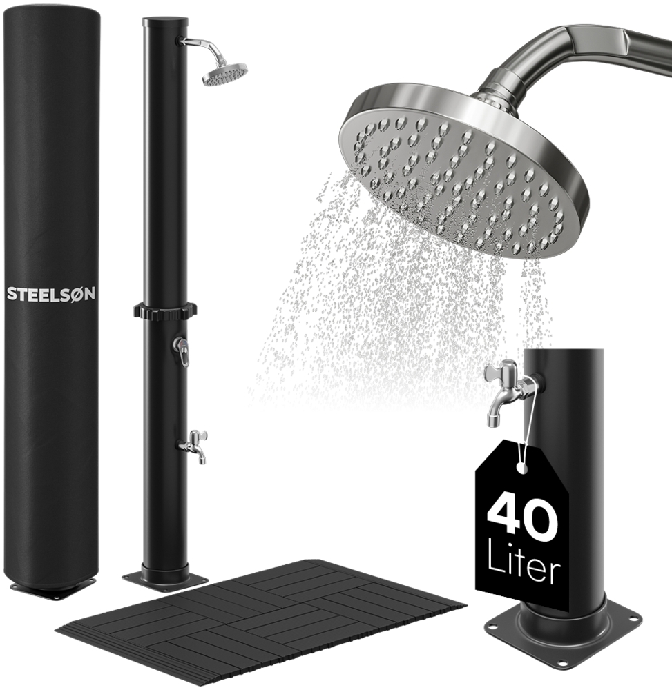 STEELSØN 'Velion' Solardusche 40 Liter, schwarz, warmes Wasser bis 60°C, schwankender Regenduschkopf und Wasserhahn, inkl. Schutzhaube und Kunststoffboden Bild 1