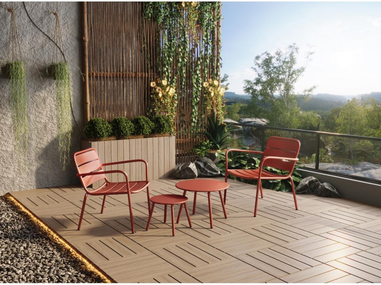 Vente-unique - Garten-Sitzgruppe: 2 Beistelltische + 2 stapelbare Sessel - Metall - Terracotta - MIRMANDE von MYLIA Bild 1