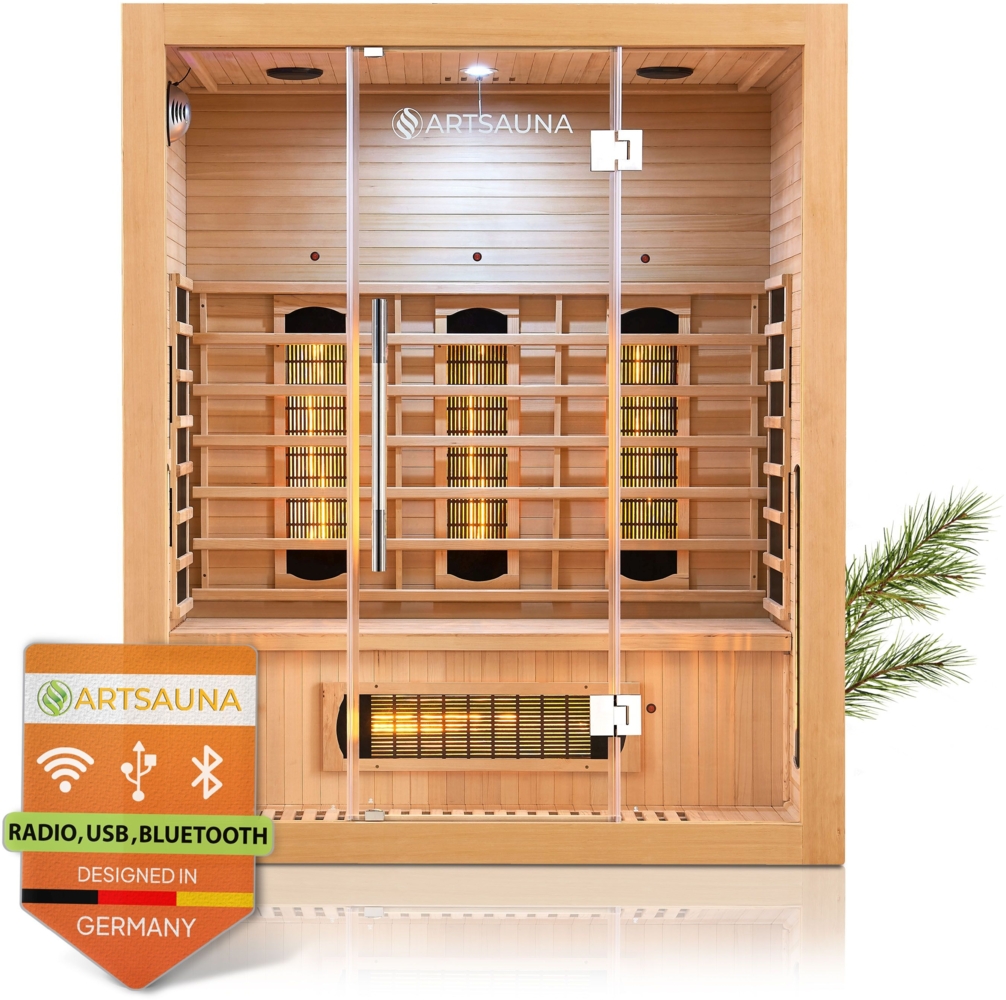 Artsauna Infrarotkabine Kiruna160 mit 6 Vollspektrum- & 3 Flächenstrahler, 3 Personen, 160x105x190 cm, LED Farblicht & Glastür, Infrarotsauna Sauna Bild 1