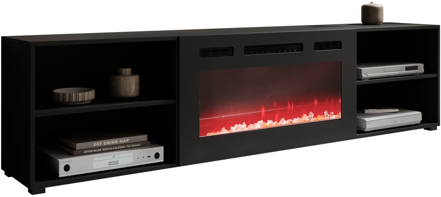 TV-Lowboard Polo 200 mit Kamin (Farbe: Schwarz / Schwarz + Schwarz Hochglanz) Bild 1