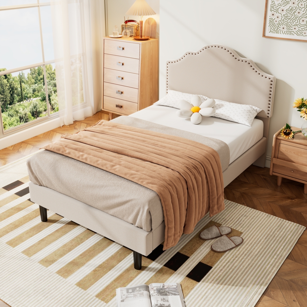 Merax 90*200cm Elegantes geschwungenes Einzelbett – exquisite Kreisnietenverzierung, stabiles hochwertiges Sperrholz, Beige Bild 1