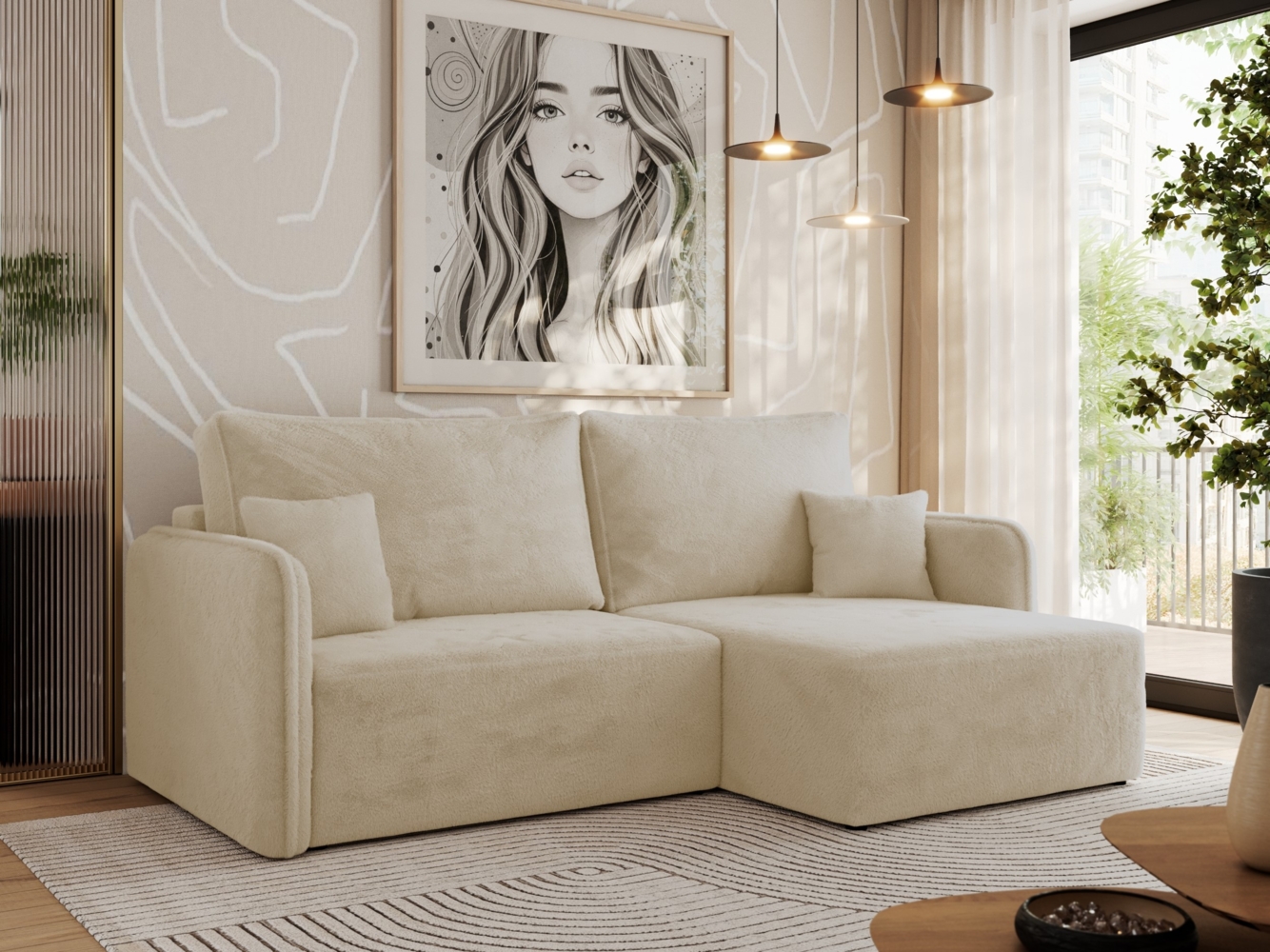L-förmiges Ecksofa mit Armlehnen, für das Wohnzimmer, Schlaffunktion und Bettkästen, Wellenfeder am Sitz, losen Kissen - MESTO - Creme Plüschstoff - rechte Seite Bild 1