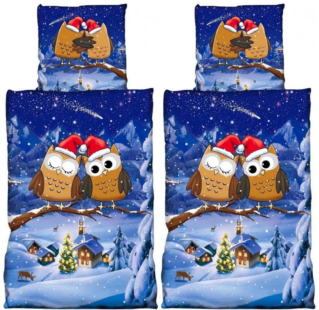 Buymax Bettwäsche Fleece Bettbezug-Set Eulen, Fleece, 4 teilig, 135x200 cm, Weihnachten Wintermotiv, Schnee, Blau Bild 1