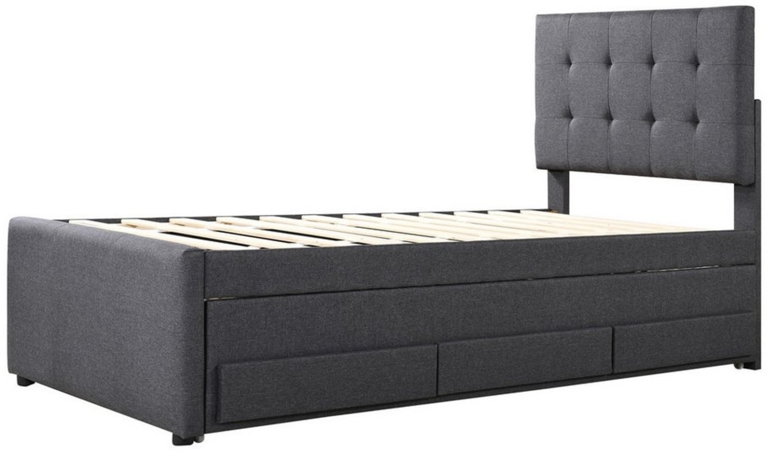 OKWISH Polsterbett Doppelbett, Familienbett, Ehebett, ausziehbares Bett 140x200cm (mit drei Schubladen, Verstellbares Kopfteil), Ohne Matratze Bild 1