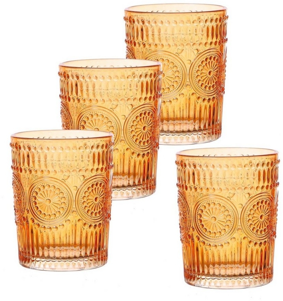 Trinkgläser Vintage - Glas - 280ml - H: 10cm - mit Muster - orange - 4er Set Bild 1
