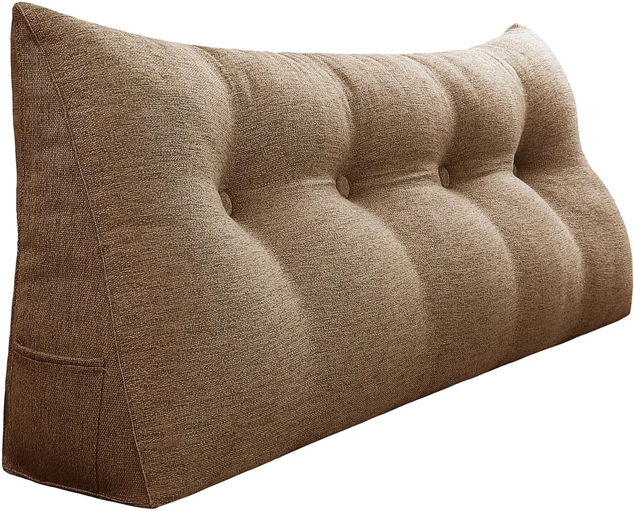 VERCART Großes Bettruhe Keilkissen, Lang Lesekissen, Dekoratives Kopfteilkissen, Dreieckiges Rückenkissen, Loungekissen für Tagesbett oder Couch, Leinenmischung Braun, 140cm Bild 1