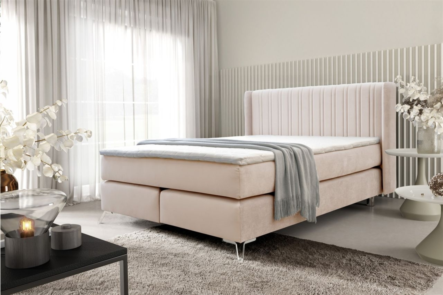 Boxspringbett Schlafzimmerbett AGNUS 160x200 cm in Stoff Salvador Creme Bild 1