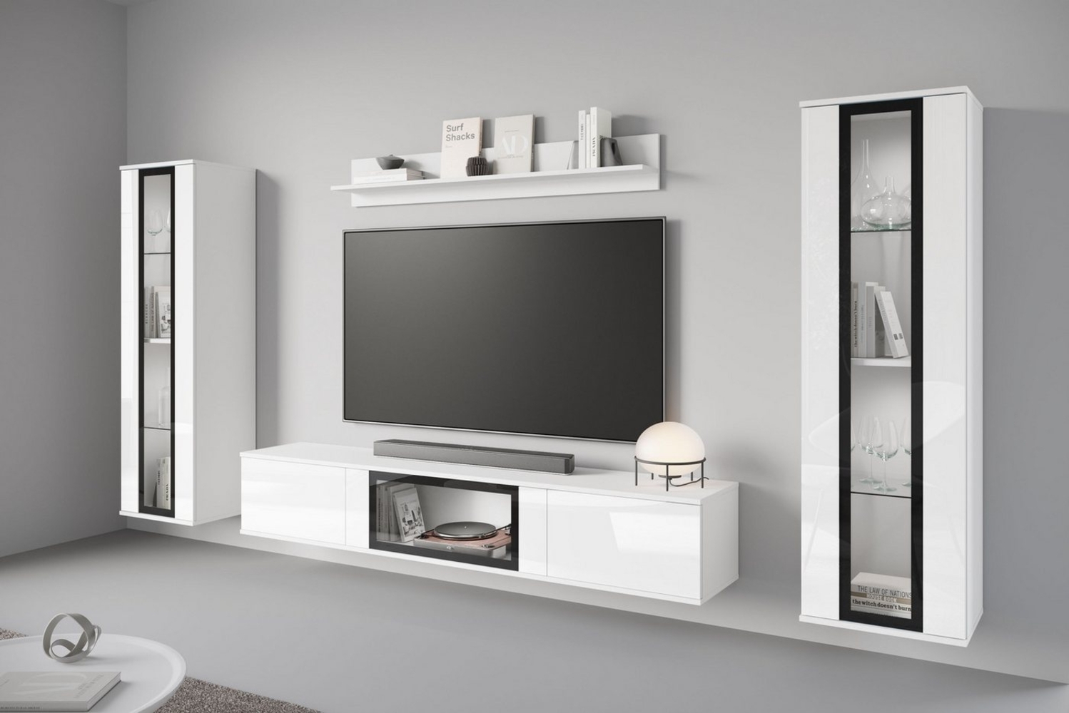 INOSIGN Wohnwand Caro, stehend und hängend montierbar, (Komplett-Set, 4-St, Vitrine Türanschlag links/rechts wechselbar), grifflose Design, höhenverstellbare Einlegeböden Bild 1