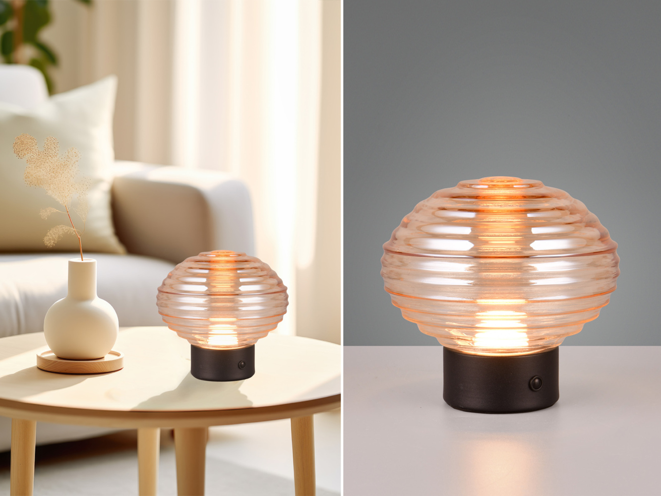 Retro Akku Tischleuchte EARL mit Glasschirm Bernsteinfarbig, Höhe 14cm Bild 1