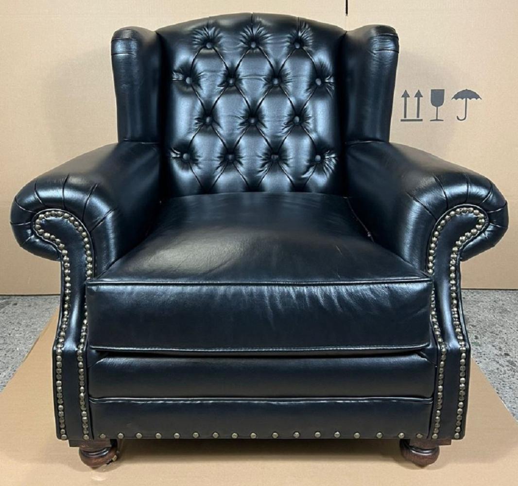 Casa Padrino Luxus Chesterfield Leder Ohrensessel Schwarz / Dunkelbraun - Chesterfield Echtleder Wohnzimmer Sessel - Wohnzimmer Möbel - Chesterfield Möbel - Echtleder Möbel - Luxus Möbel Bild 1