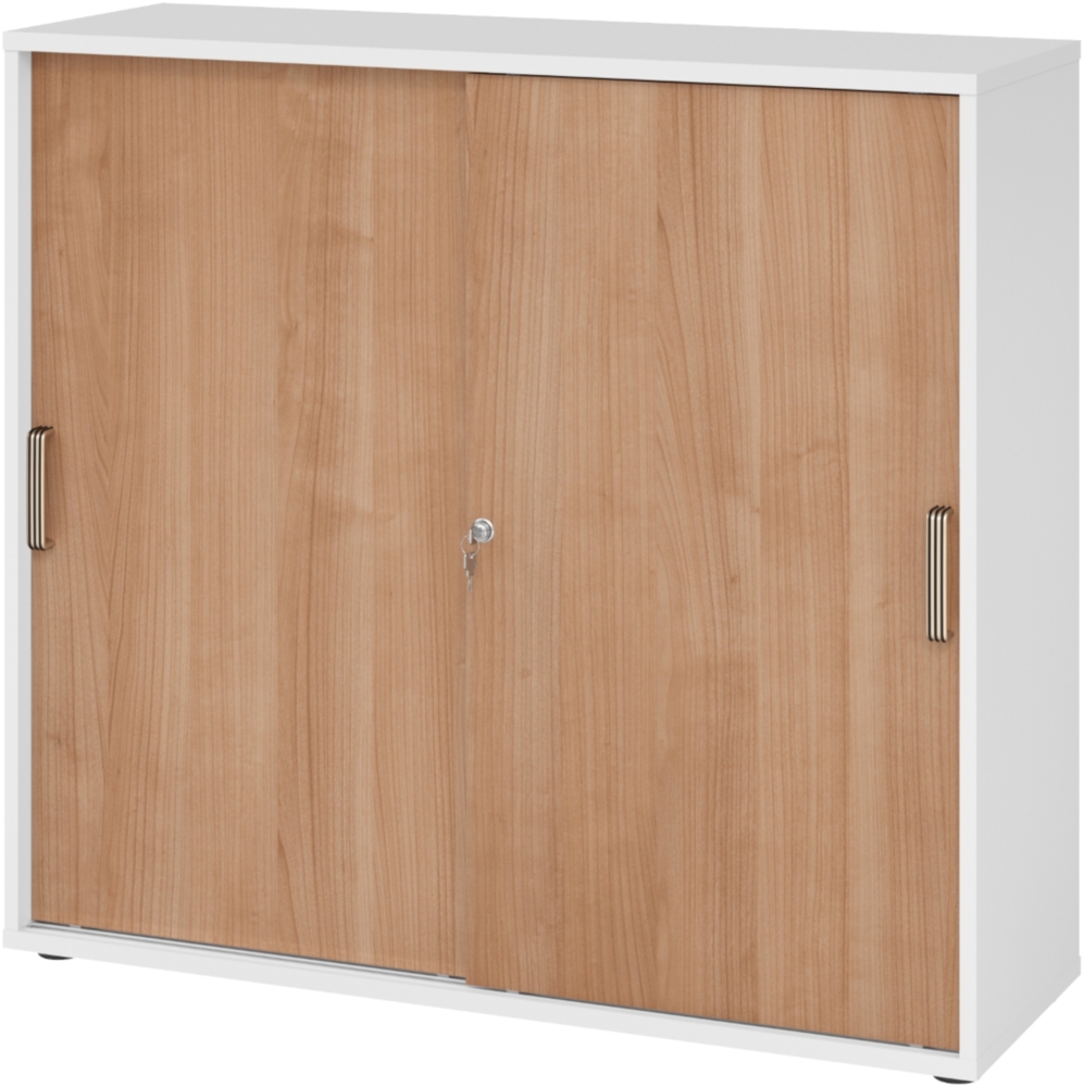 bümö Schiebetürenschrank 3OH - Aktenschrank abschließbar, Sideboard Schrank mit Schiebetüren in Weiß/Nussbaum, Streifengriff - Büroschrank aus Holz mit Schiebetür, Büro Kommode für Ordner & Co, 1753S-W-N-SG Bild 1