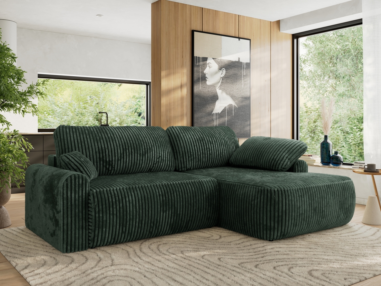 Ecksofa, L-förmiges, lose Kissen, DL-Schlaffunktion, (H 100 x T 187 x B 273 cm) - CUBO L - Cord Grün - rechte Seite Bild 1